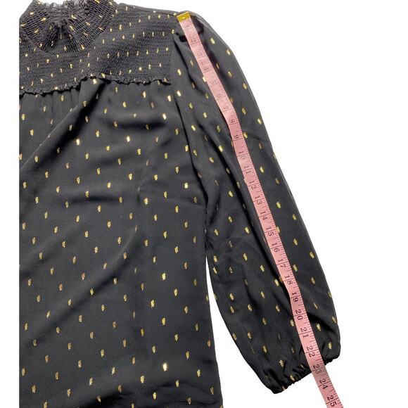 WHBM Black & Gold Foil Dash Mock Neck Sheer Sleeve Blouse Small - Picture 12 of 16